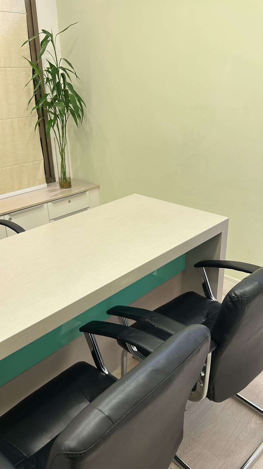 Consultório 1 — detalhe mesa com planta de bambu